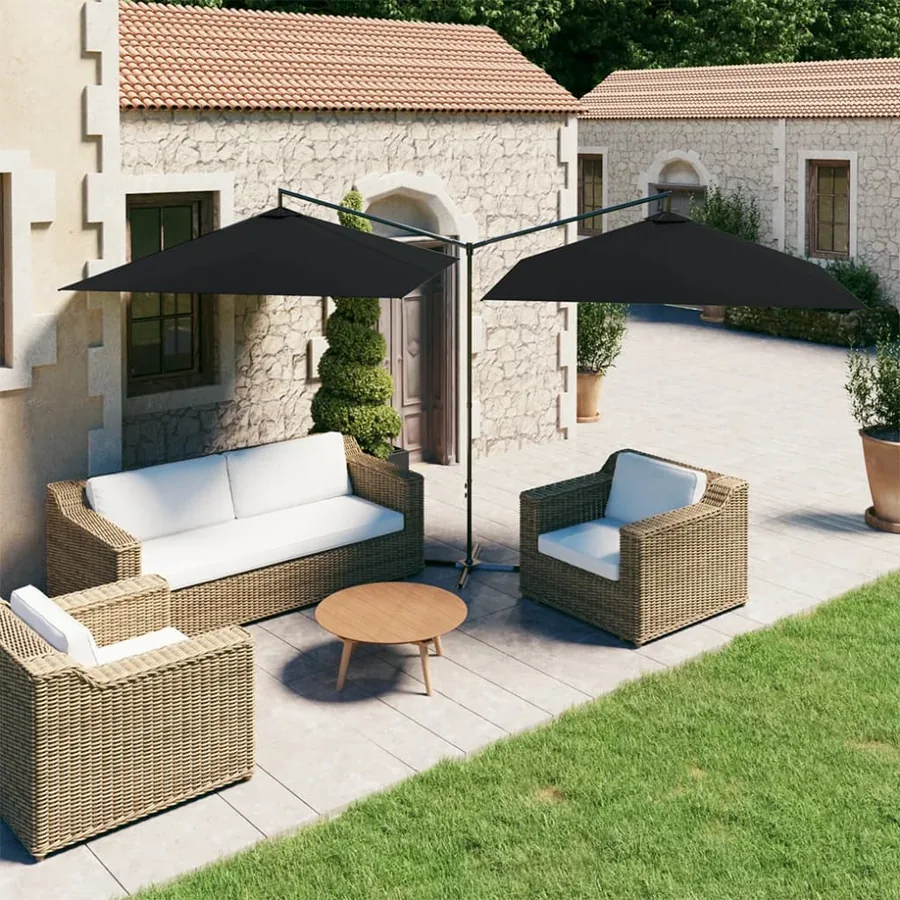 Parasol de jardin double avec mât en acier noir 600x300 cm
