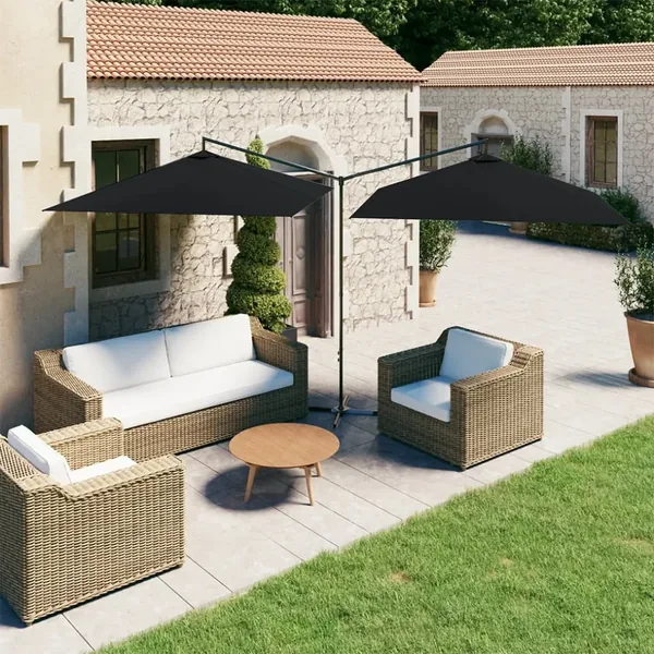 Parasol de jardin double avec mât en acier noir 600x300 cm