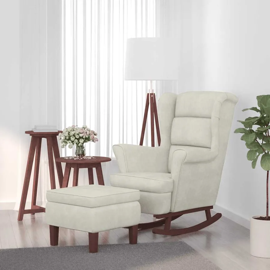 Fauteuil à bascule à oreilles en velours crème bois massif