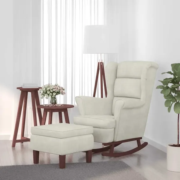 Fauteuil à bascule à oreilles en velours crème bois massif