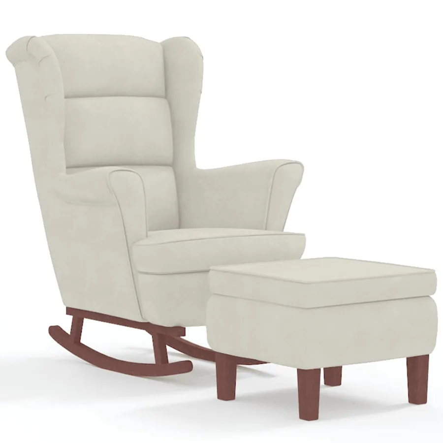 Fauteuil à bascule à oreilles en velours crème bois massif - 2