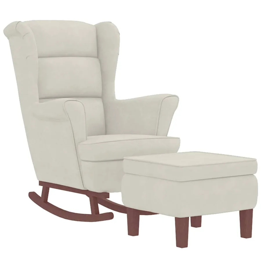 Fauteuil à bascule à oreilles en velours crème bois massif - 3