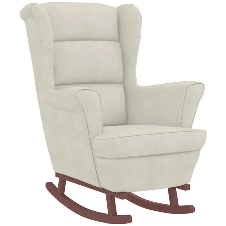 Fauteuil à bascule à oreilles en velours crème bois massif - 4