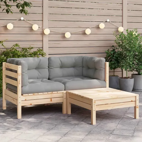 Salon de jardin 3 pcs avec coussins gris Bois de pin massif