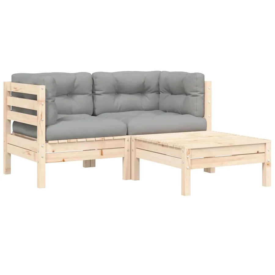 Salon de jardin 3 pcs avec coussins gris Bois de pin massif - 2