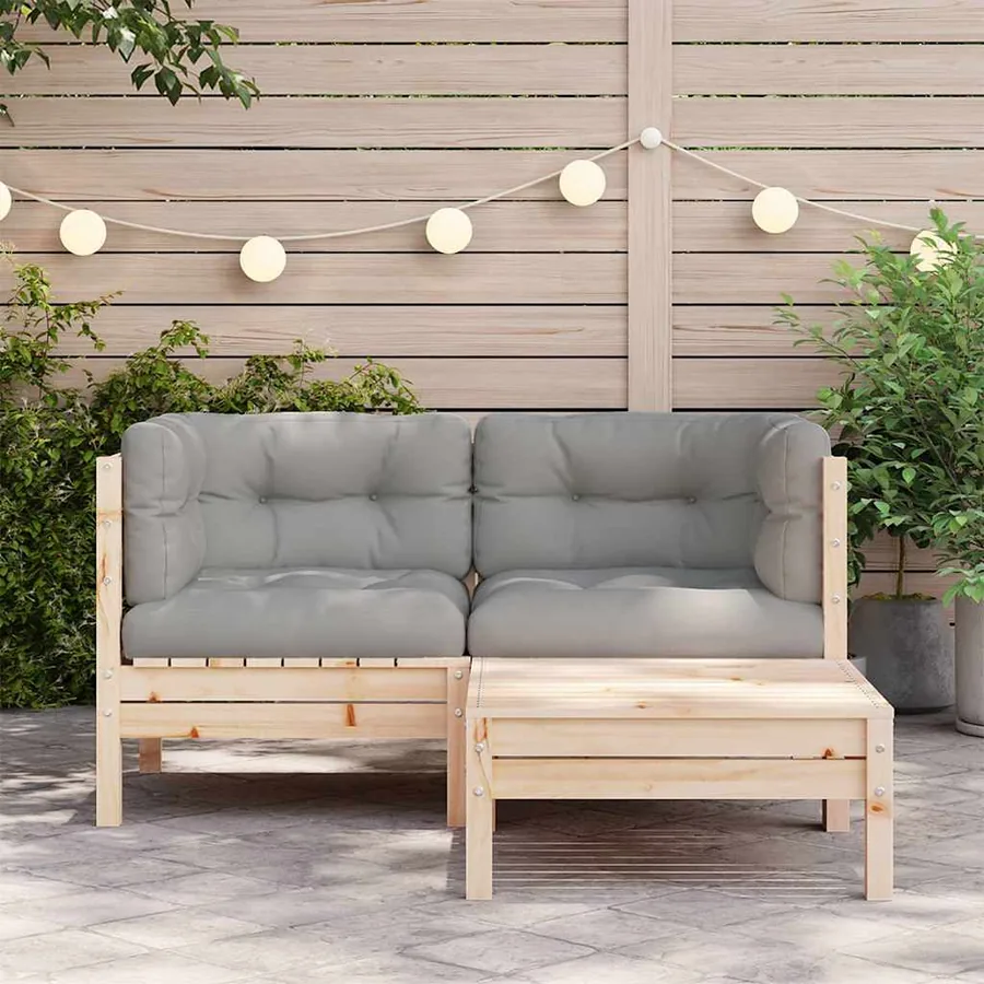 Salon de jardin 3 pcs avec coussins gris Bois de pin massif - 3