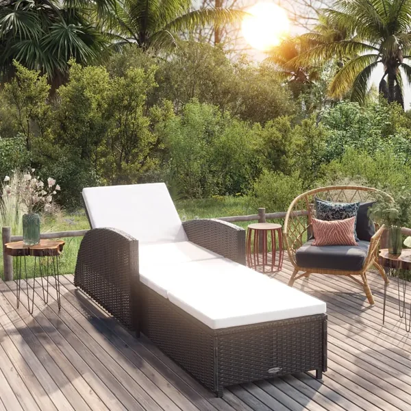 Chaise longue avec coussin blanc crème Résine tressée Noir