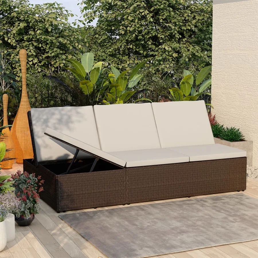 Chaise longue convertible avec coussin Résine tressée Marron