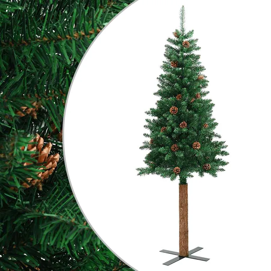 Sapin de Noël mince avec bois véritable et cônes vert 210cm PVC - 2