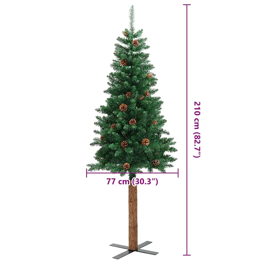 Sapin de Noël mince avec bois véritable et cônes vert 210cm PVC - 7