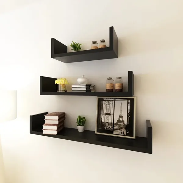 Étagères murales 3 pcs Forme de U MDF Noir
