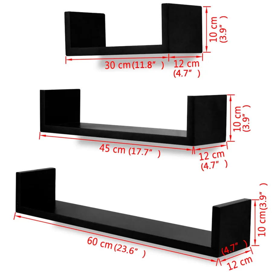Étagères murales 3 pcs Forme de U MDF Noir - 5