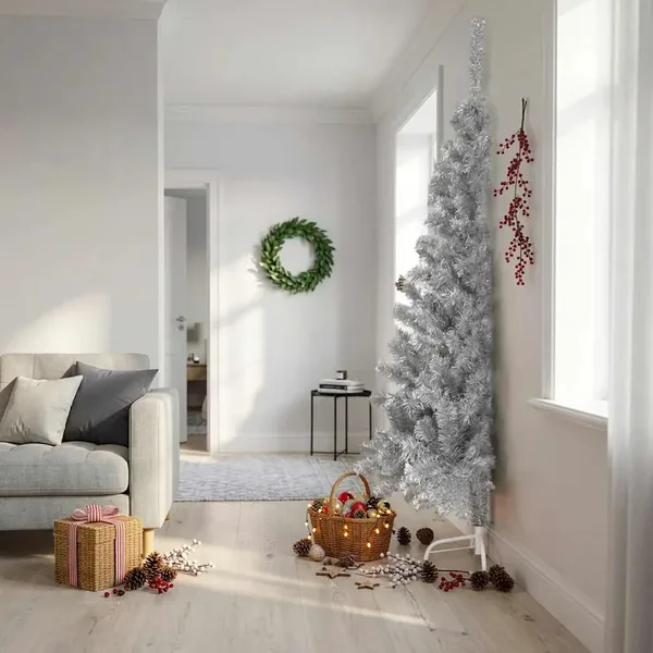 Demi sapin de Noël artificiel avec support argenté 210 cm PET