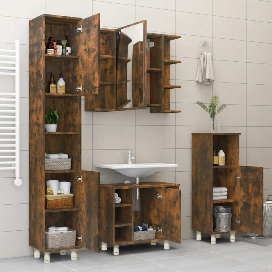 Armoire de bain Chêne fumé 30x30x95 cm Bois d'ingénierie - 4