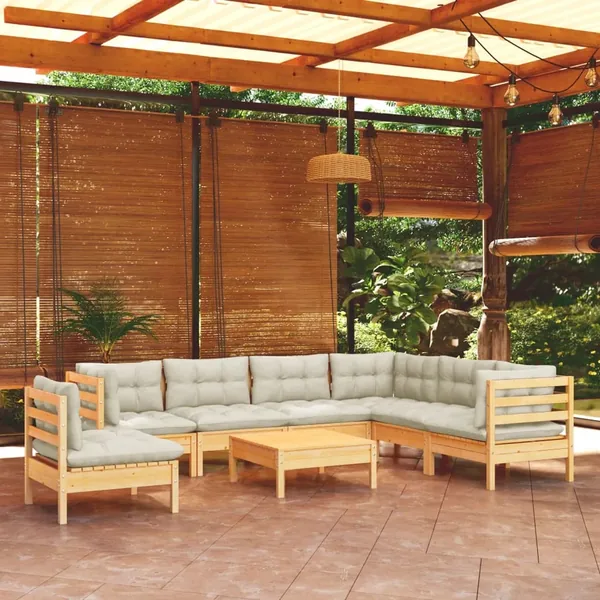 Salon de jardin 8 pcs avec coussins crème Bois de pin massif