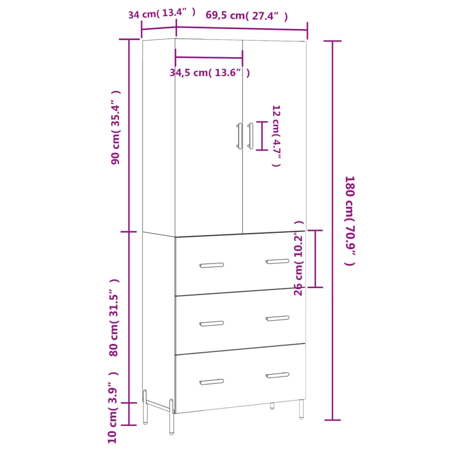 Buffet haut Chêne fumé 69,5x34x180 cm Bois d'ingénierie - 14