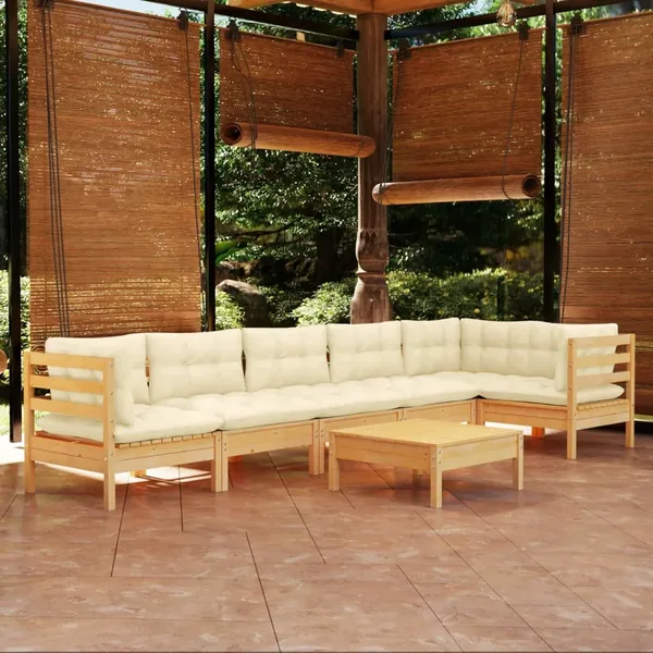 Salon de jardin 7 pcs avec coussins crème bois de pin