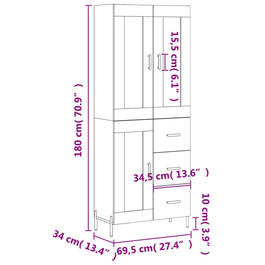 Buffet haut Sonoma gris 69,5x34x180 cm Bois d'ingénierie - 14
