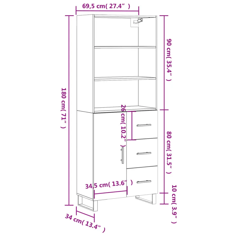 Buffet haut Sonoma gris 69,5x34x180 cm Bois d'ingénierie - 14