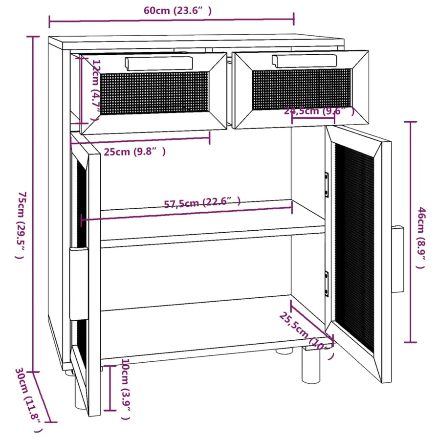 Buffet Blanc 60x30x75 cm Bois de pin massif et rotin naturel - 8