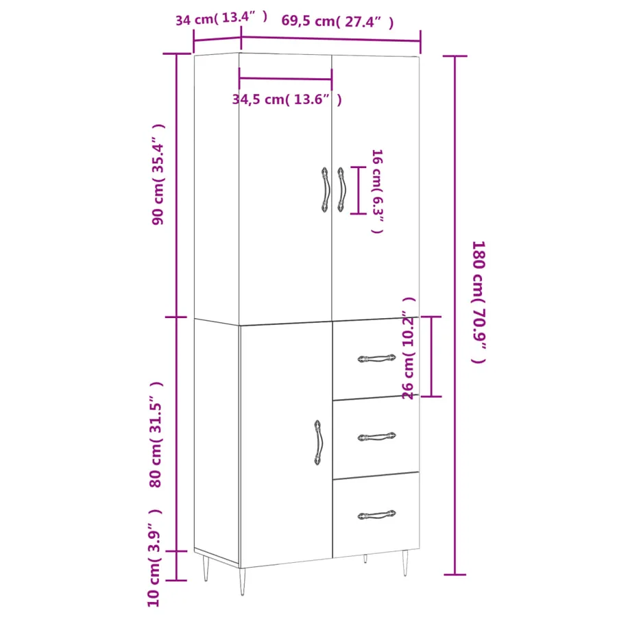 Buffet haut Sonoma gris 69,5x34x180 cm Bois d'ingénierie - 14