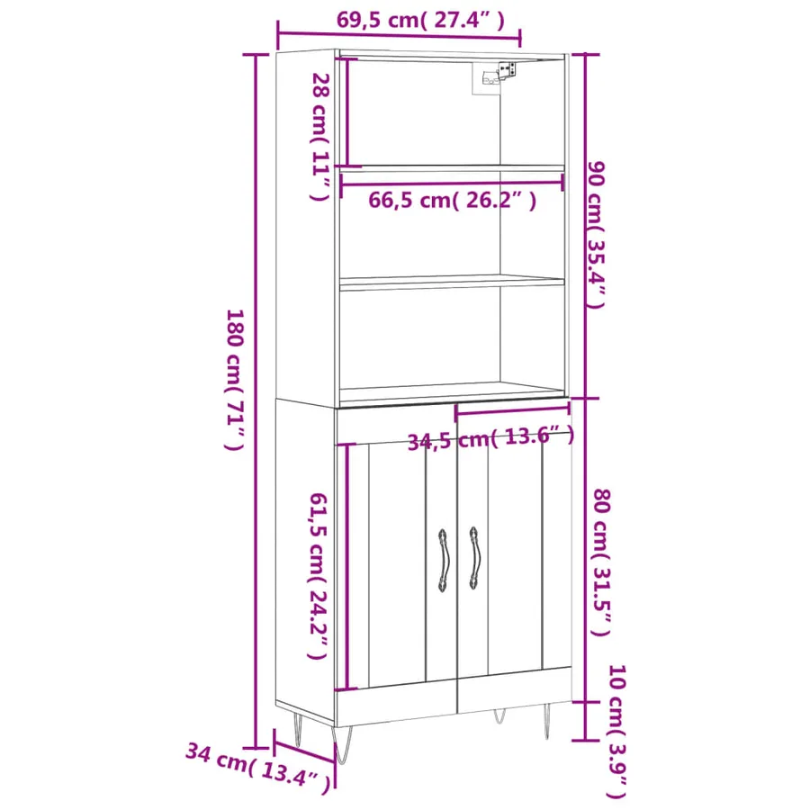 Buffet haut Blanc brillant 69,5x34x180 cm Bois d'ingénierie - 13