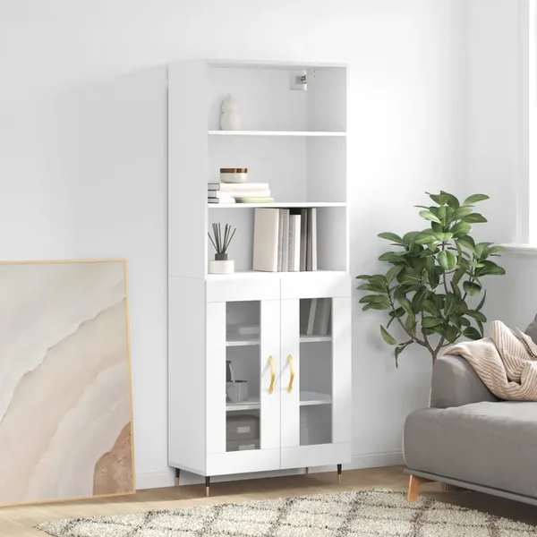 Buffet haut Blanc brillant 69,5x34x180 cm Bois d'ingénierie