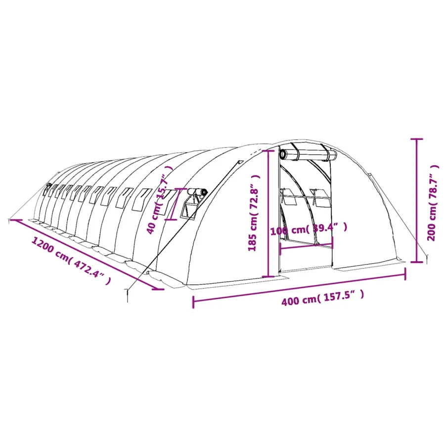 Serre avec cadre en acier vert 48 m² 12x4x2 m - 12