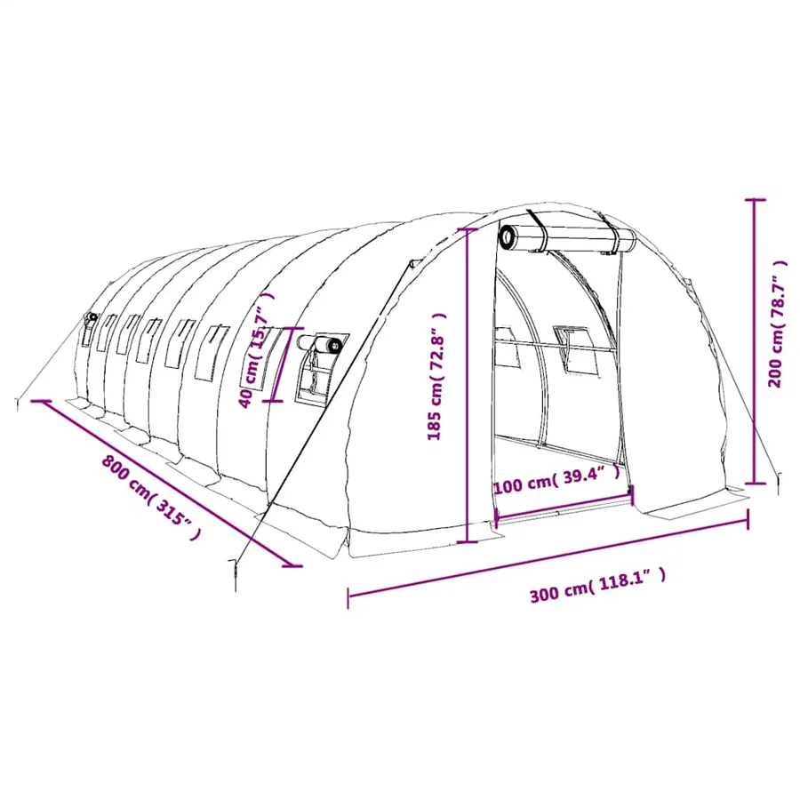Serre avec cadre en acier blanc 24 m² 8x3x2 m - 12
