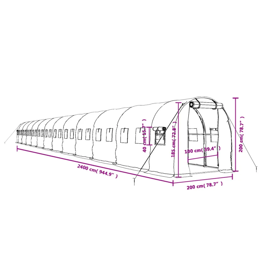 Serre avec cadre en acier vert 48 m² 24x2x2 m - 12