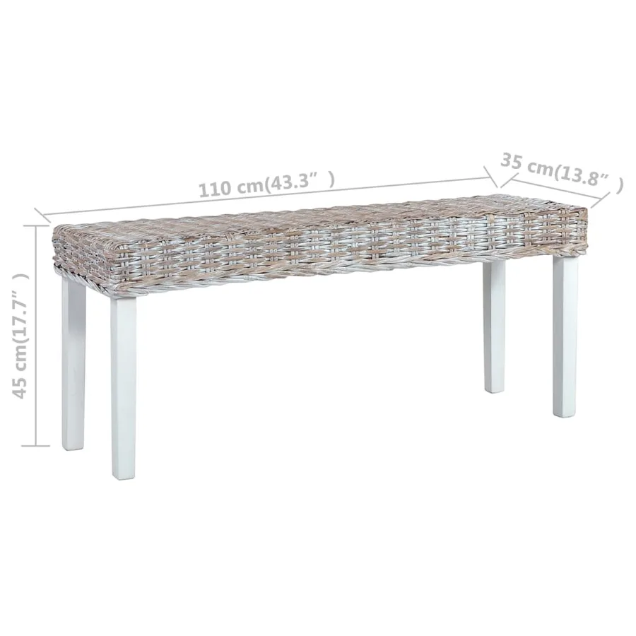 Banc 110 cm Blanc Rotin naturel kubu et bois d'acajou massif - 6