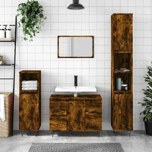 Armoire salle de bain chêne fumé 80x33x60cm bois d'ingénierie