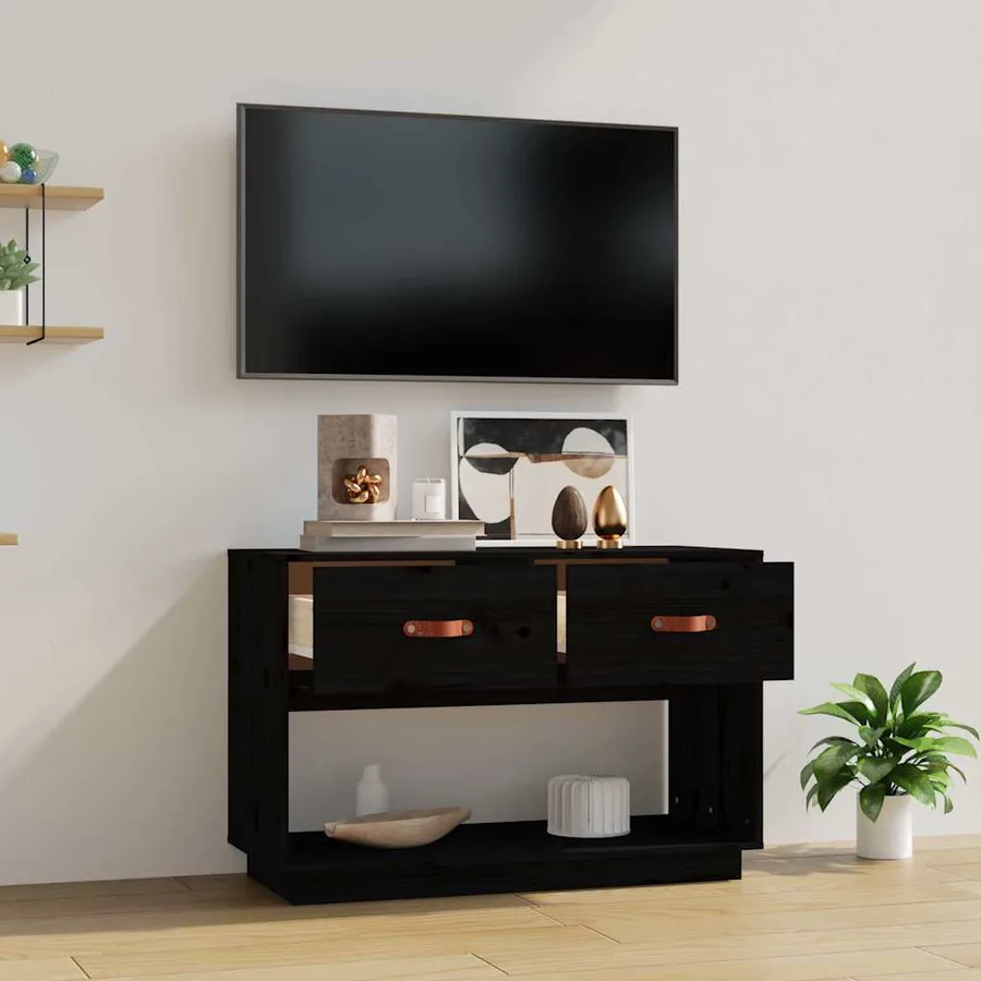Meuble TV Noir 90x40x60 cm Bois de pin massif - 3