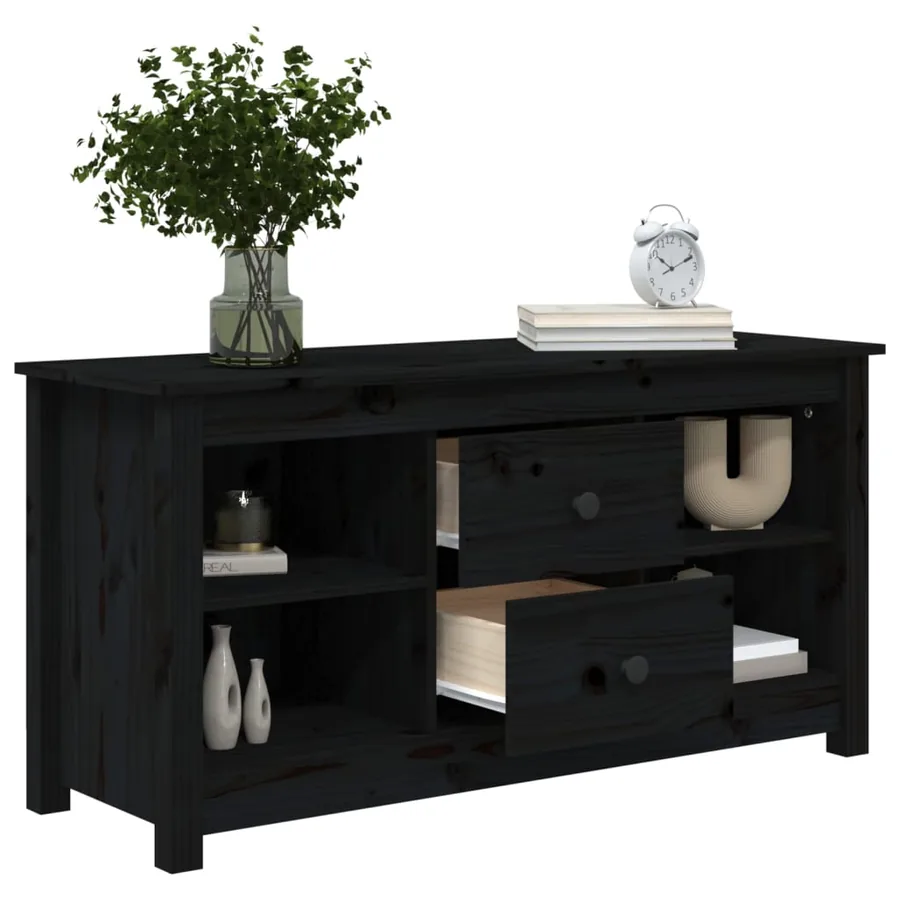 Meuble TV Noir 103x36,5x52 cm Bois de pin massif - 8