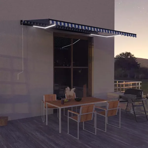 Auvent avec capteur de vent et LED 500x300 cm Bleu et blanc