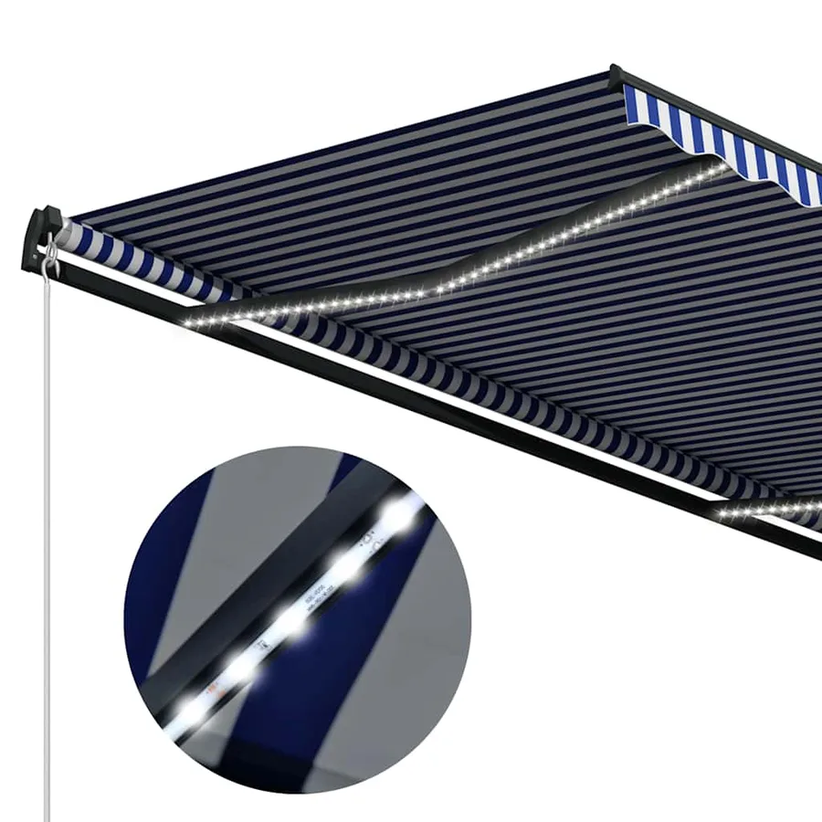 Auvent avec capteur de vent et LED 500x300 cm Bleu et blanc - 6