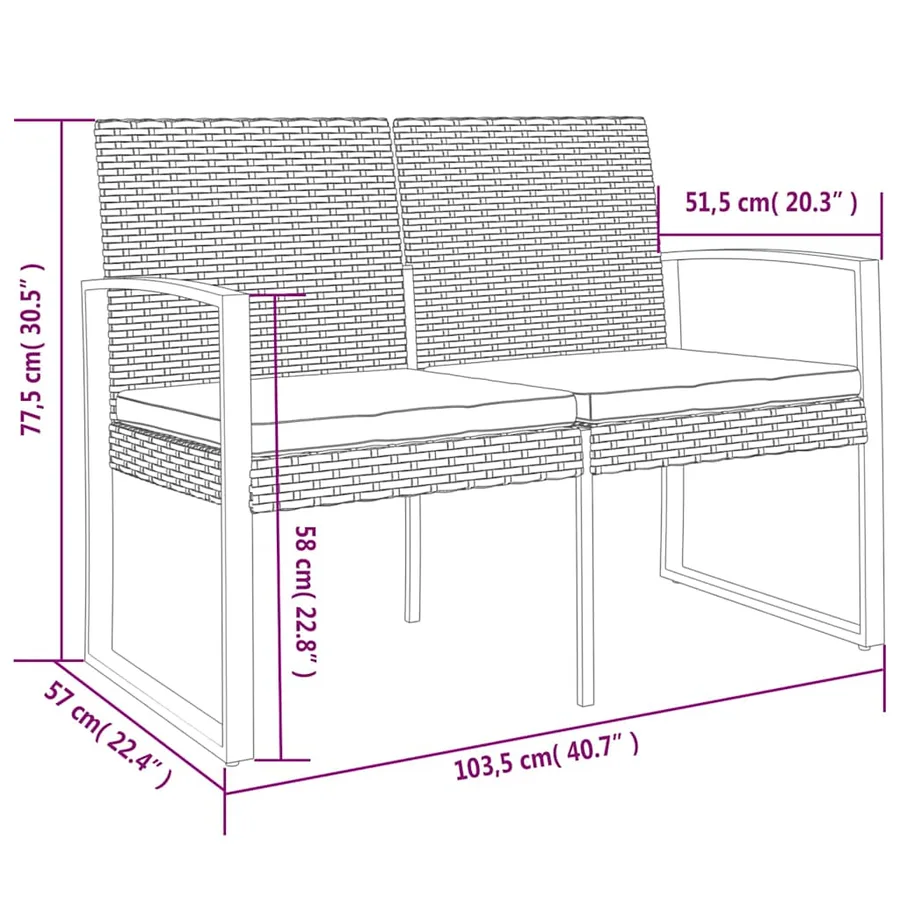 Banc de jardin à 2 places avec coussins noir rotin PP - 7