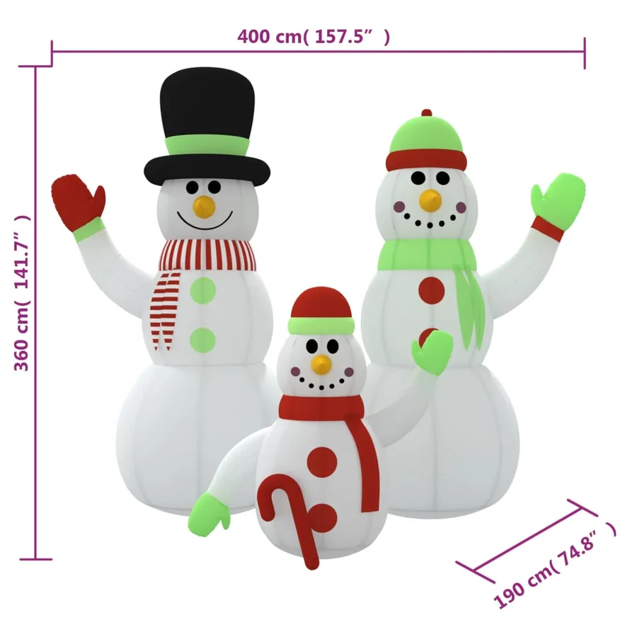 Famille de bonhommes de neige gonflable avec LED 360 cm - 12
