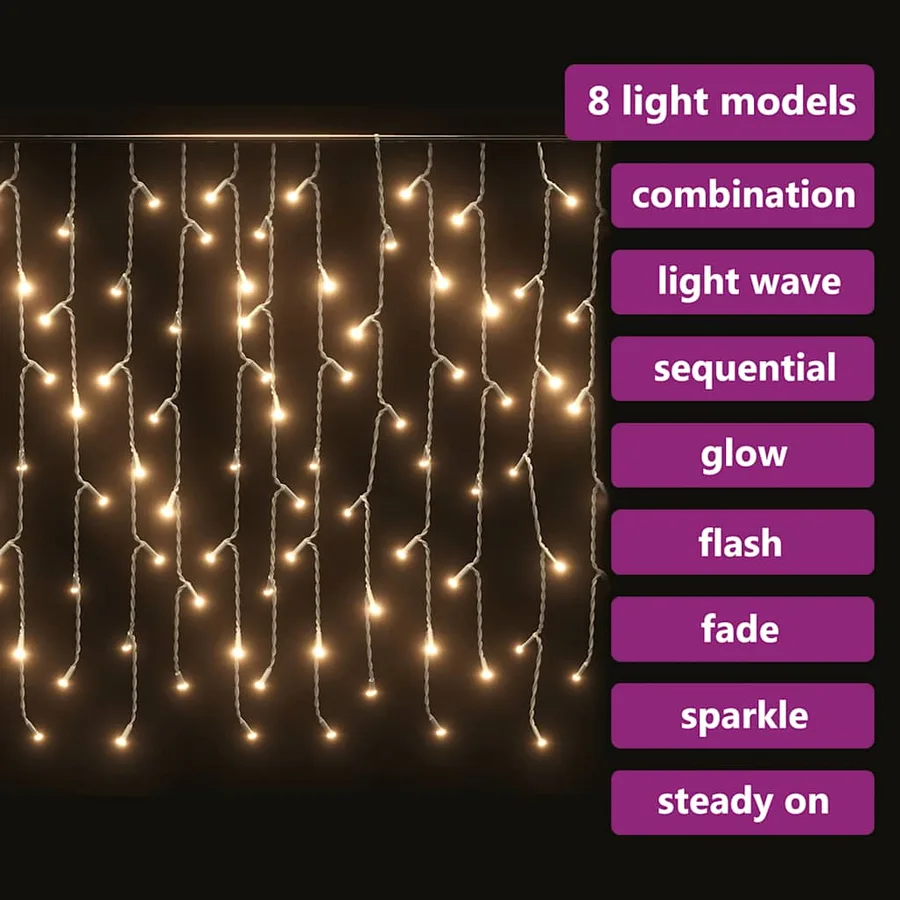 Rideau lumineux à glaçons LED 10m 400LED Blanc chaud 8fonctions - 7