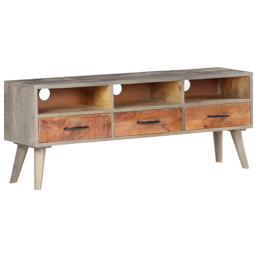 Meuble TV Gris 130x35x51 cm Bois massif de manguier brut - 9