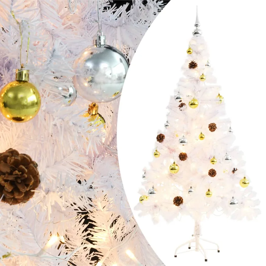 Arbre de Noël artificiel pré-éclairé avec boules blanc 150 cm