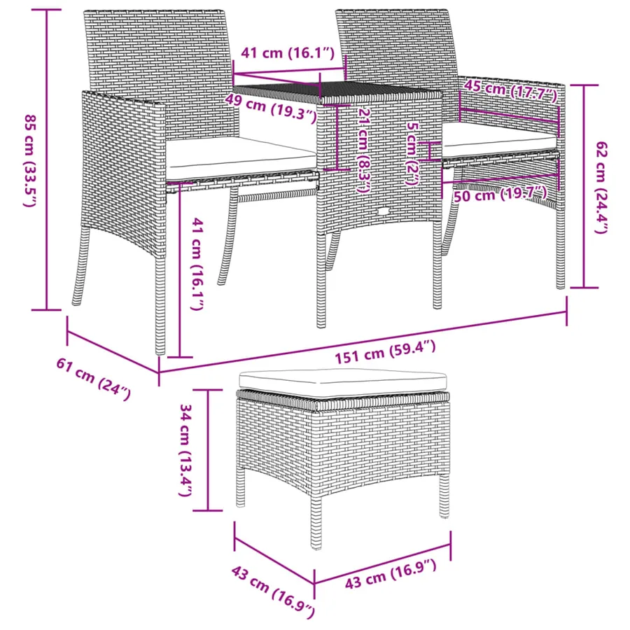 Canapé de jardin 2 places avec table et tabourets marron rotin - 10