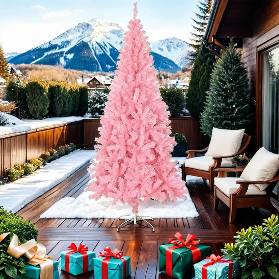 Sapin de Noël artificiel avec support rose 210 cm PVC - 2