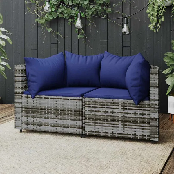 Canapés d'angle de jardin et coussins 2 pcs gris résine tressée