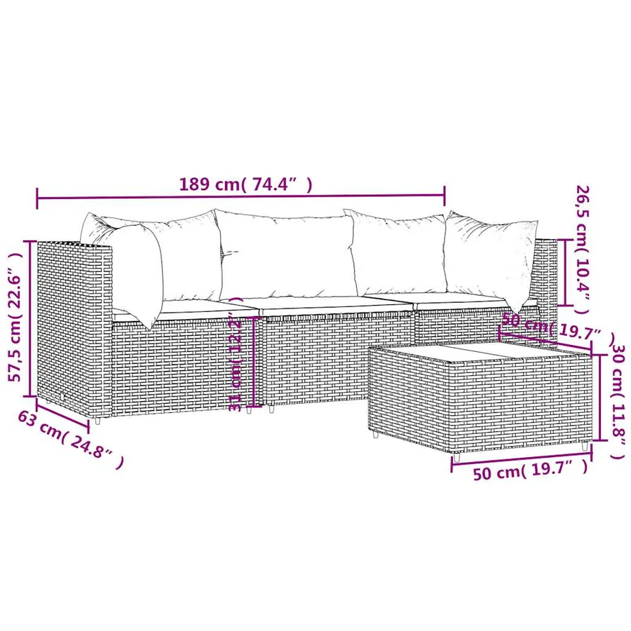 Salon de jardin 4 pcs avec coussins Noir Résine tressée - 11