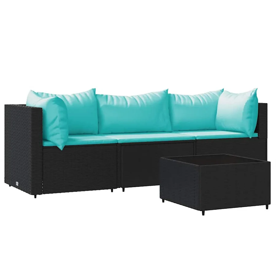 Salon de jardin 4 pcs avec coussins Noir Résine tressée - 2