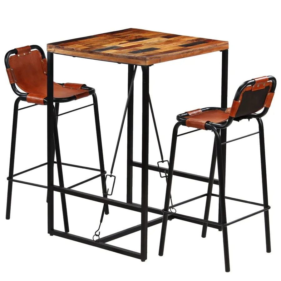 Ensemble de bar 3 pcs Bois massif recyclé et cuir de chèvre - 12