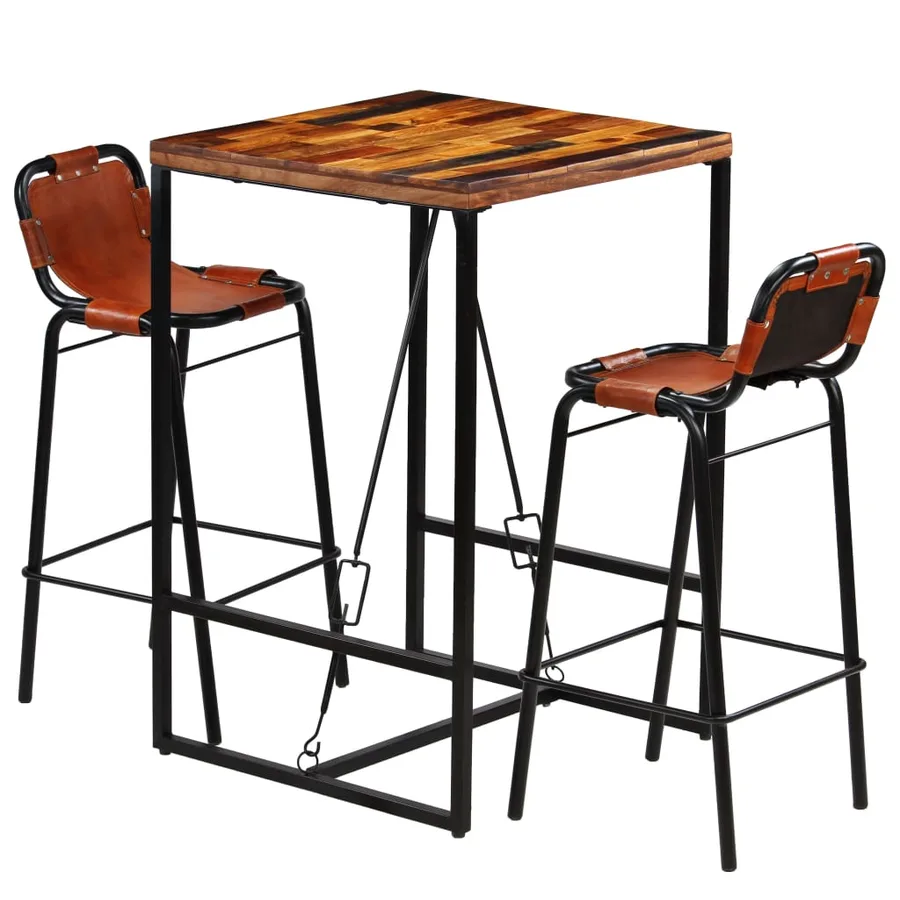 Ensemble de bar 3 pcs Bois massif recyclé et cuir de chèvre - 13