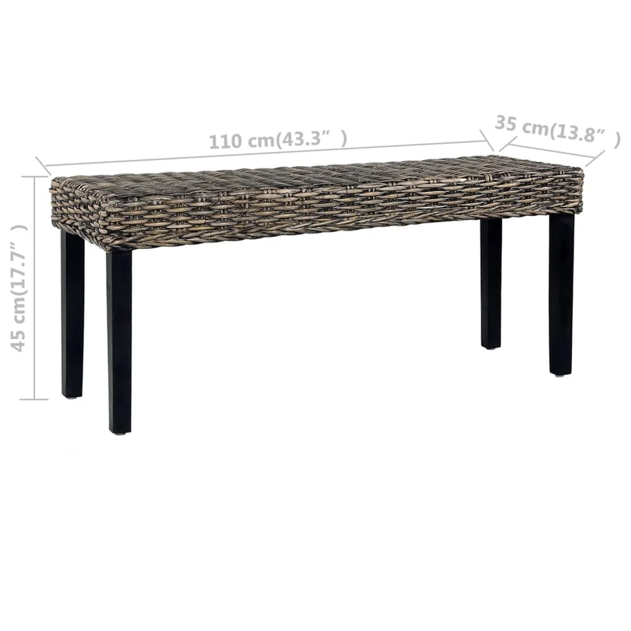 Banc 110 cm Noir Rotin naturel kubu et bois d'acajou massif - 6