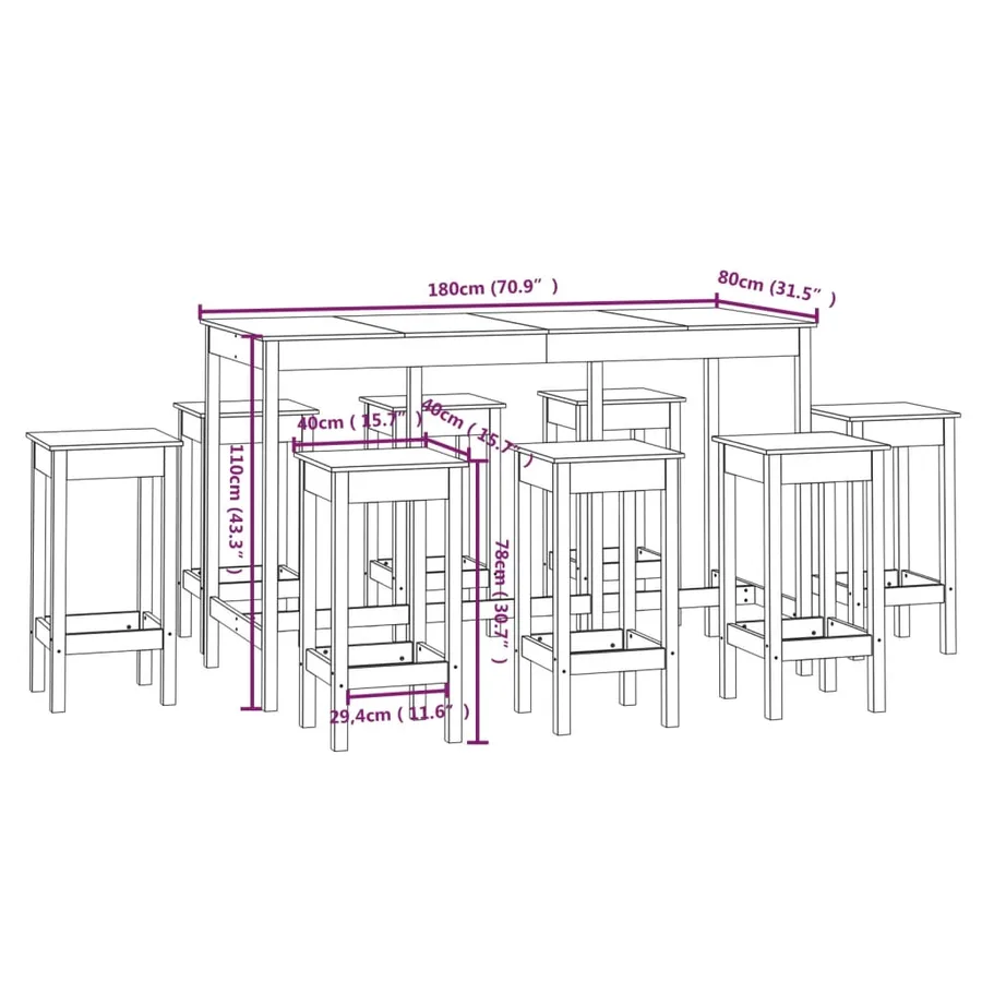 Ensemble de bar 9 pcs Bois de pin massif - 9